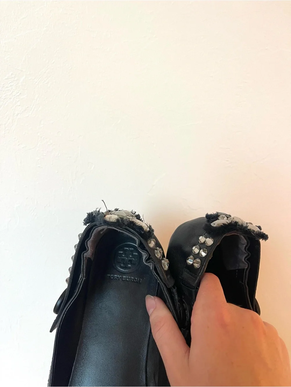 Tory Burch Minnie Black Leather Convertible Crystal Embellished Ballet Flats 10